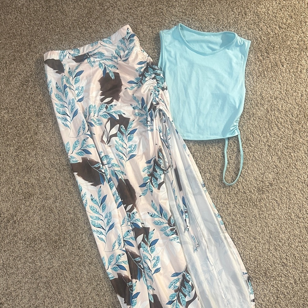 Floral Maxi Skirt and Blue Crop Top Set